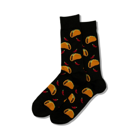 black crew socks with an all-over pattern of tacos and red chili peppers. perfect for taco tuesday. novelty men's sock. 