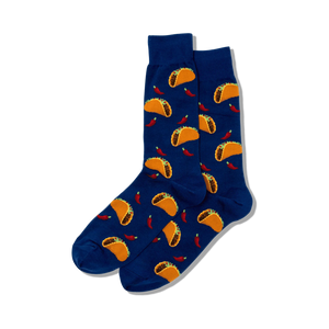 blue crew socks with taco and chili pepper pattern.  