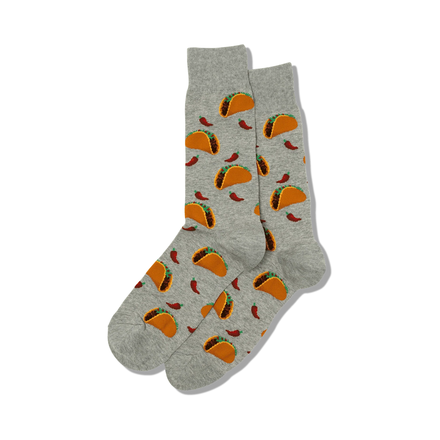 Flat lay product shot showing a pair of gray crew socks with a taco and chili pepper print.