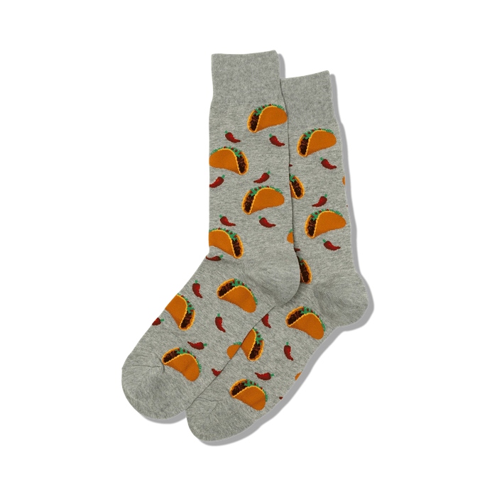 gray crew socks with allover pattern of tacos and chili peppers.   