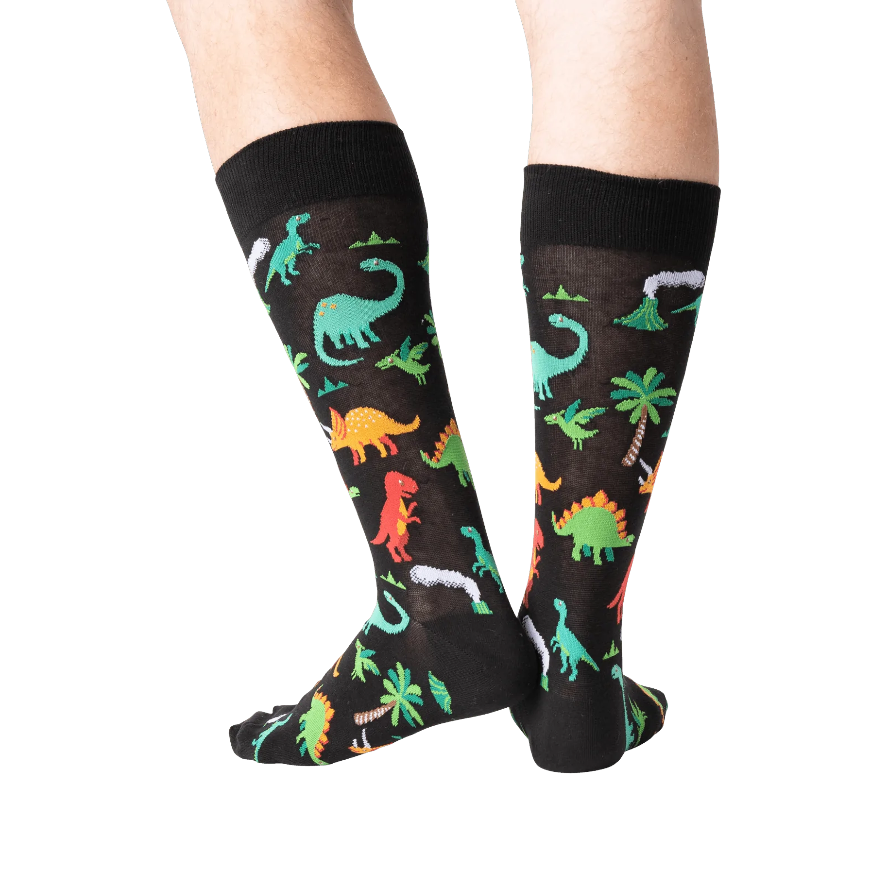 Back view of the dinosaur socks on a person's legs, highlighting the design details.