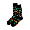 Pair of black crew socks with a fun pattern of colorful dinosaurs, palm trees, and volcanoes.