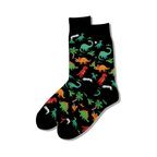 Pair of black crew socks with a fun pattern of colorful dinosaurs, palm trees, and volcanoes.