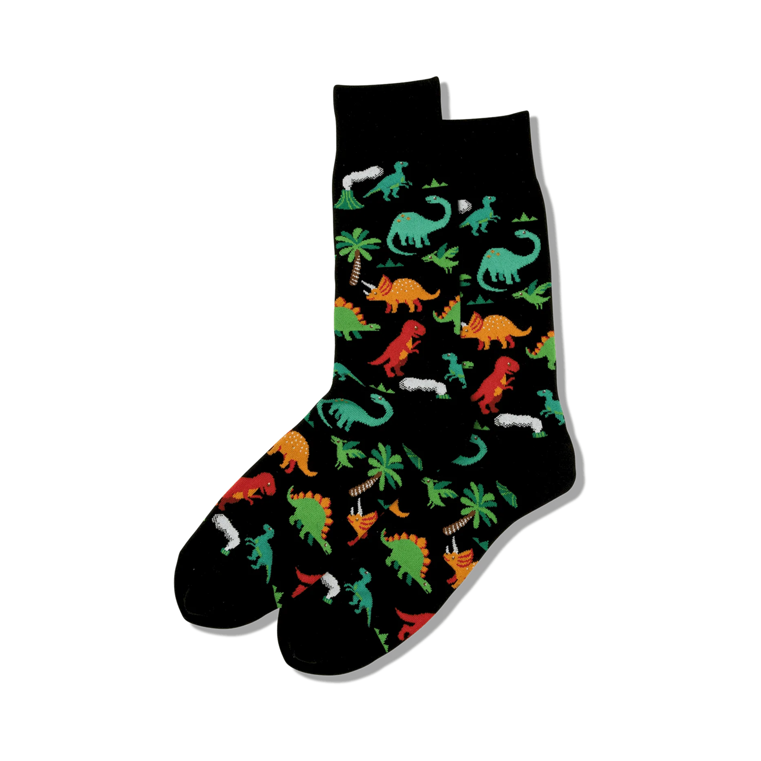 Pair of black crew socks with a fun pattern of colorful dinosaurs, palm trees, and volcanoes.