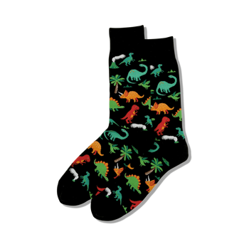 crew length mens' black novelty socks with dinosaurs, palm trees, and ferns.   