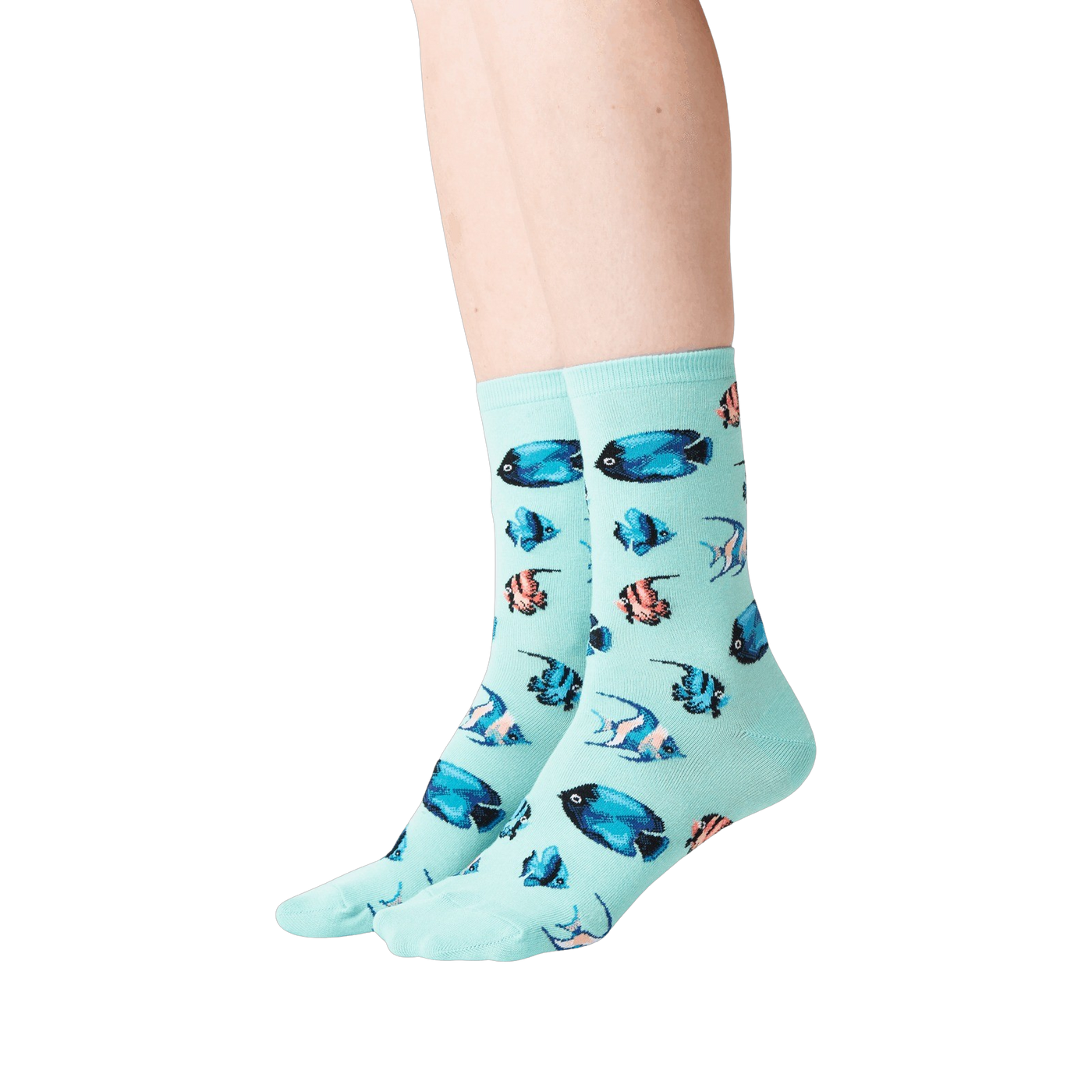 Lifestyle shot showing teal Tropical Fish socks on a person's legs.