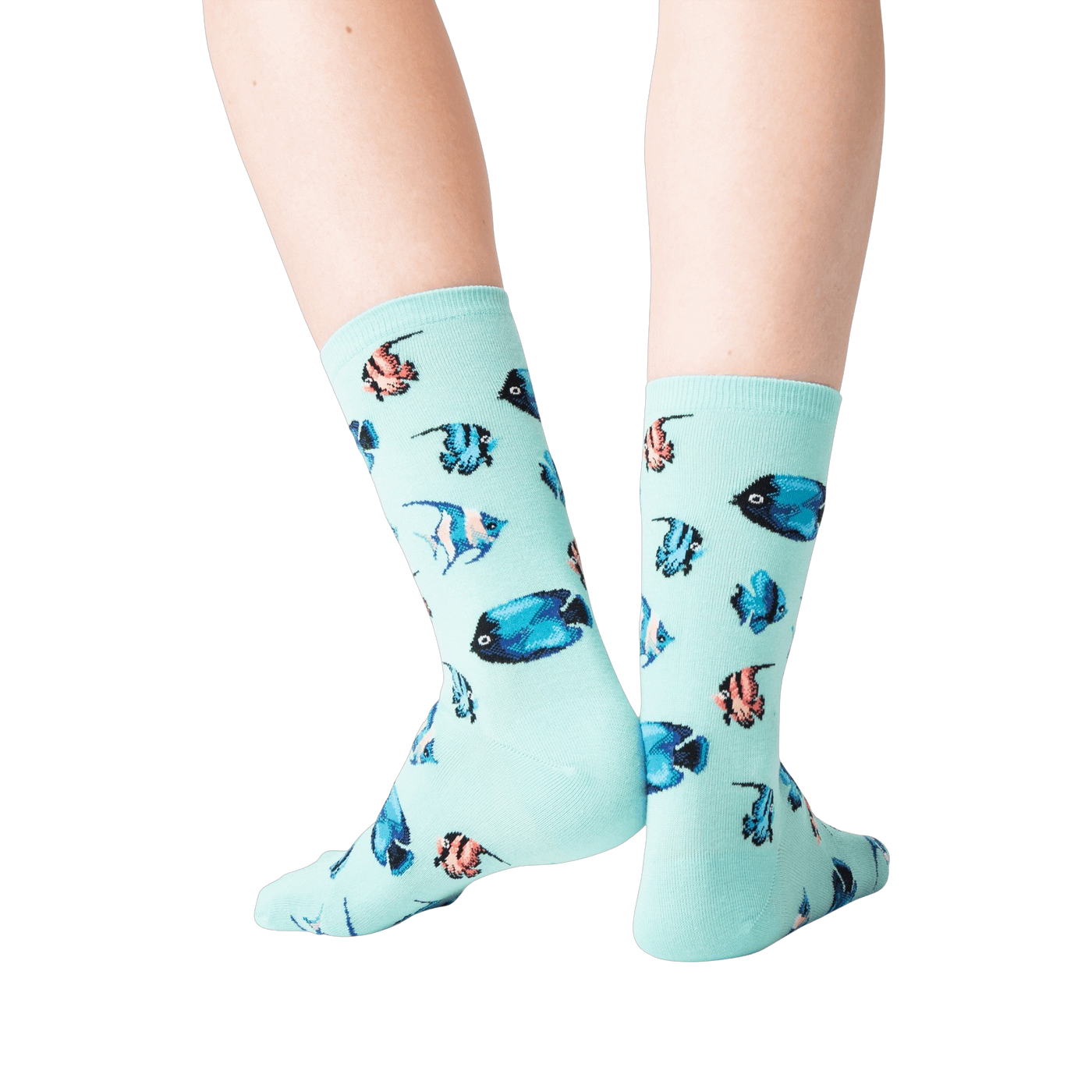 Back view of a person wearing teal Tropical Fish crew socks.