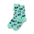 Pair of teal crew socks with a whimsical pattern of colorful tropical fish. 