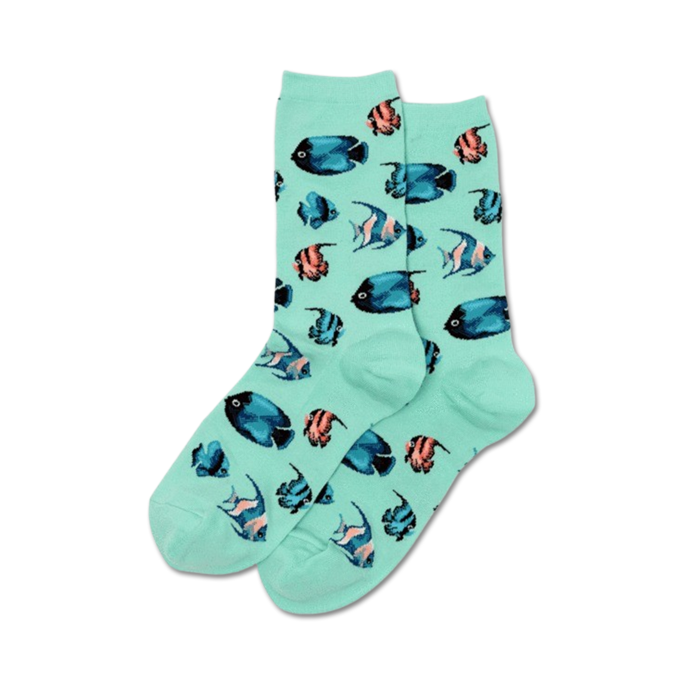 Pair of teal crew socks with a whimsical pattern of colorful tropical fish. 