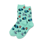 Pair of teal crew socks with a whimsical pattern of colorful tropical fish. 