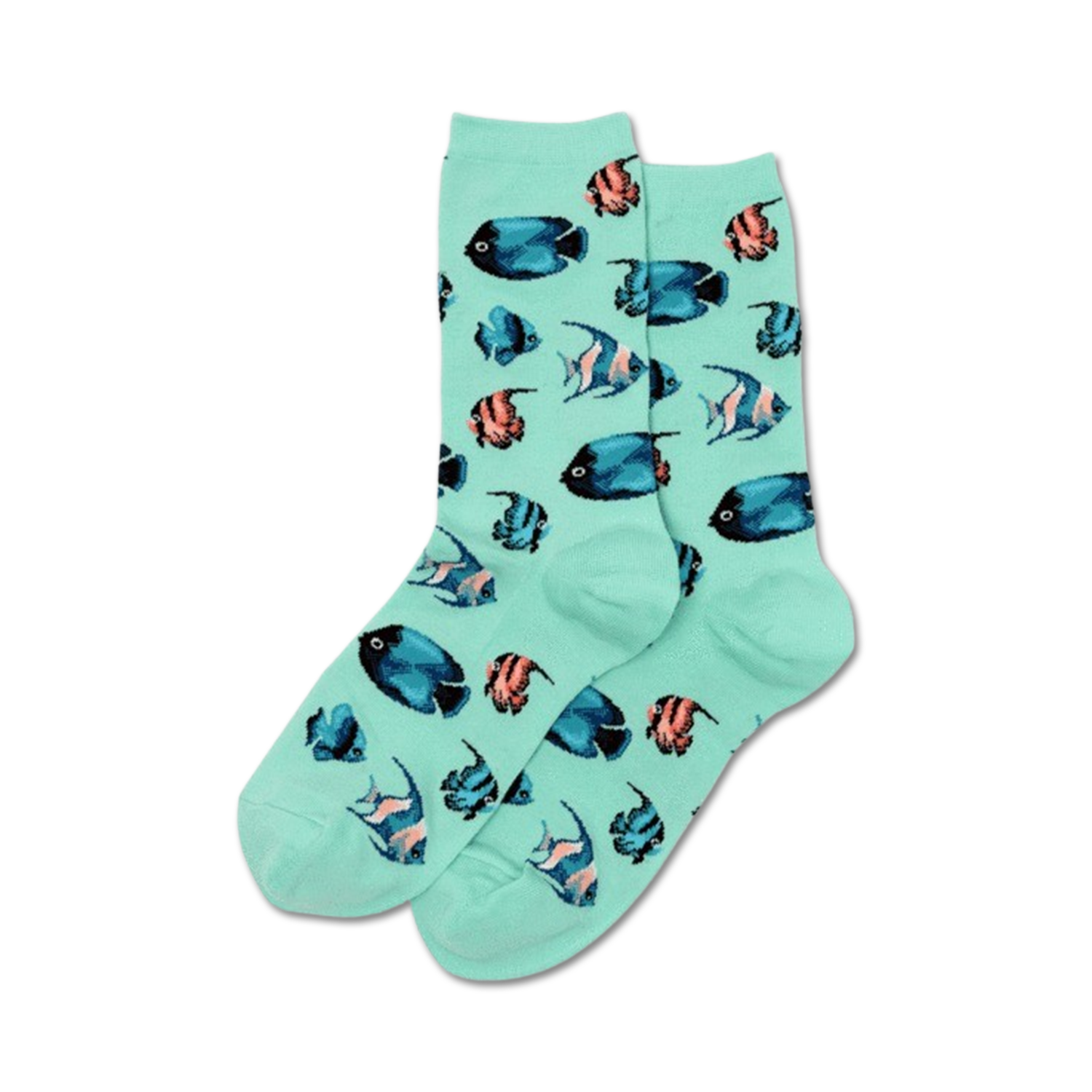 Pair of teal crew socks with a whimsical pattern of colorful tropical fish. 