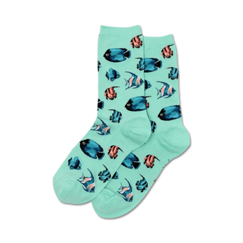 womens crew socks with tropical fish patterned on mint green background.  