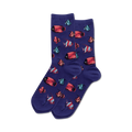 Product shot of navy blue crew socks with a pattern of tropical fish.