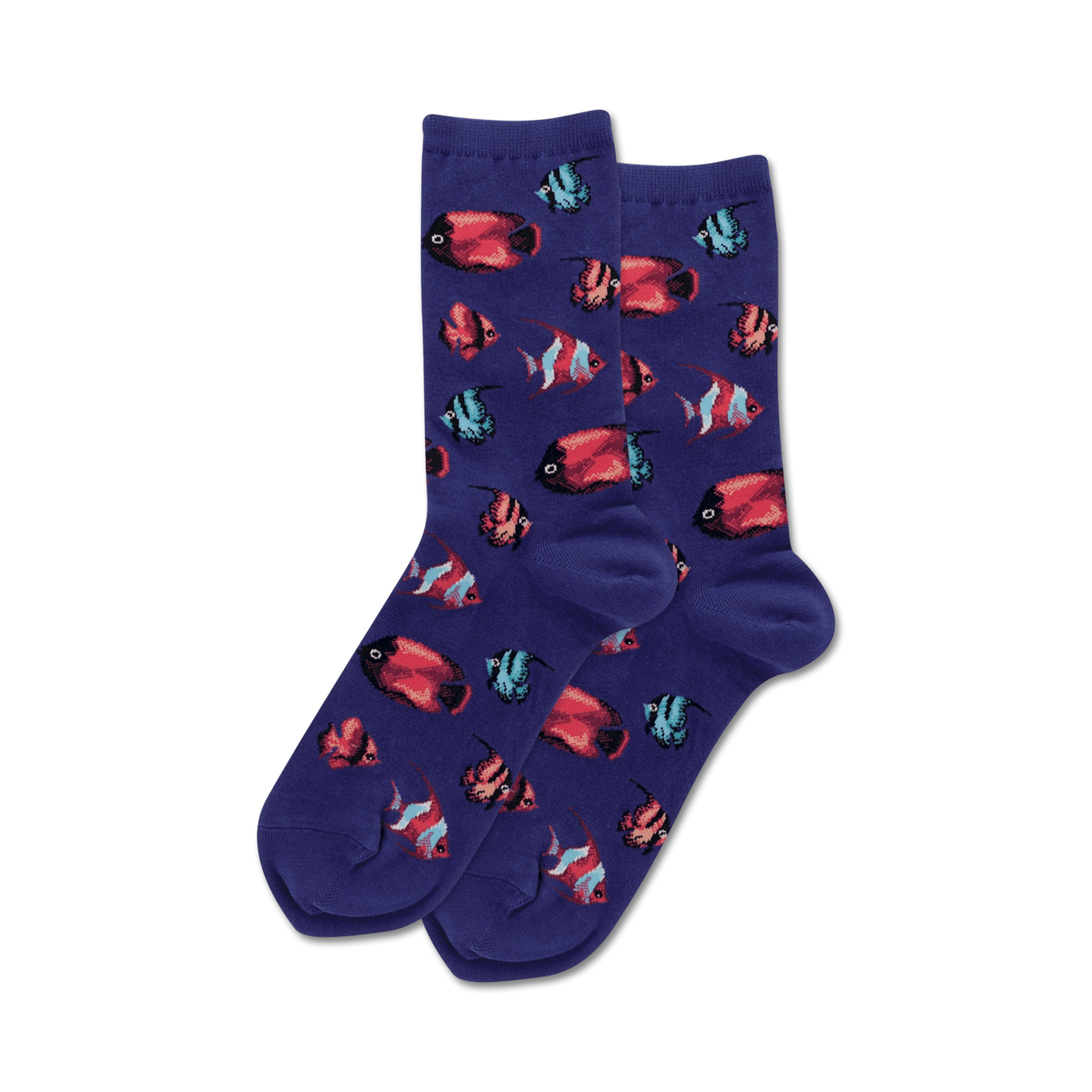 Product shot of navy blue crew socks with a pattern of tropical fish.