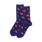 Product shot of navy blue crew socks with a pattern of tropical fish.