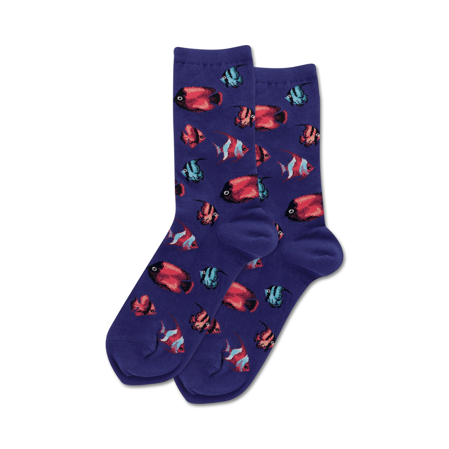 Product shot of navy blue crew socks with a pattern of tropical fish.