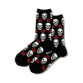 Pair of black crew socks with a repeating pattern of white skulls and red roses.