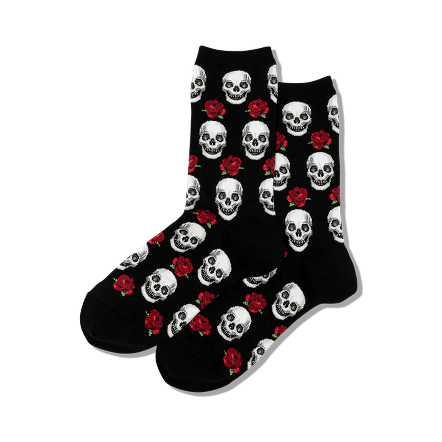 Pair of black crew socks with a repeating pattern of white skulls and red roses.