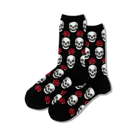 skull and roses dead of the dead themed womens black novelty crew socks