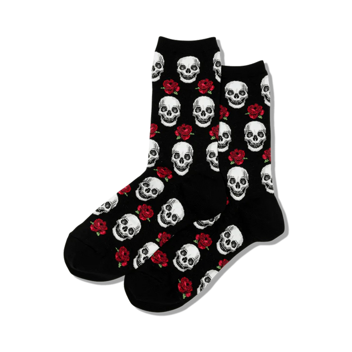black crew socks with red roses and white skulls pattern. perfect for dead of the dead or halloween. for women.    