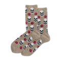 Tan crew socks featuring an all-over pattern of white skulls and vibrant red roses.
