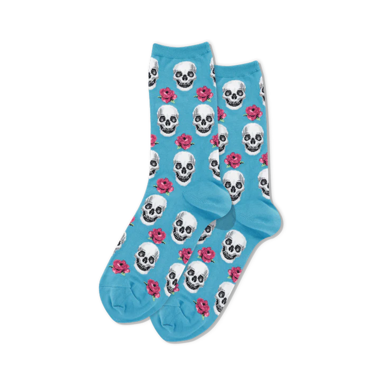A pair of light blue crew socks with a repeating pattern of white skulls and pink roses.