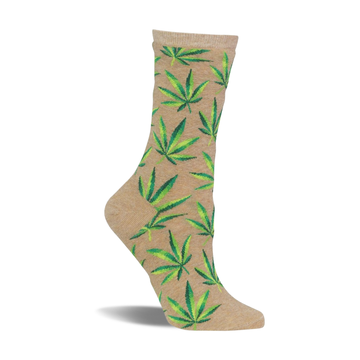 Tan crew sock with a vibrant repeating pattern of bright green marijuana leaves.