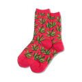 Pair of women's crew socks in pink and green, featuring a repeating marijuana leaf pattern.