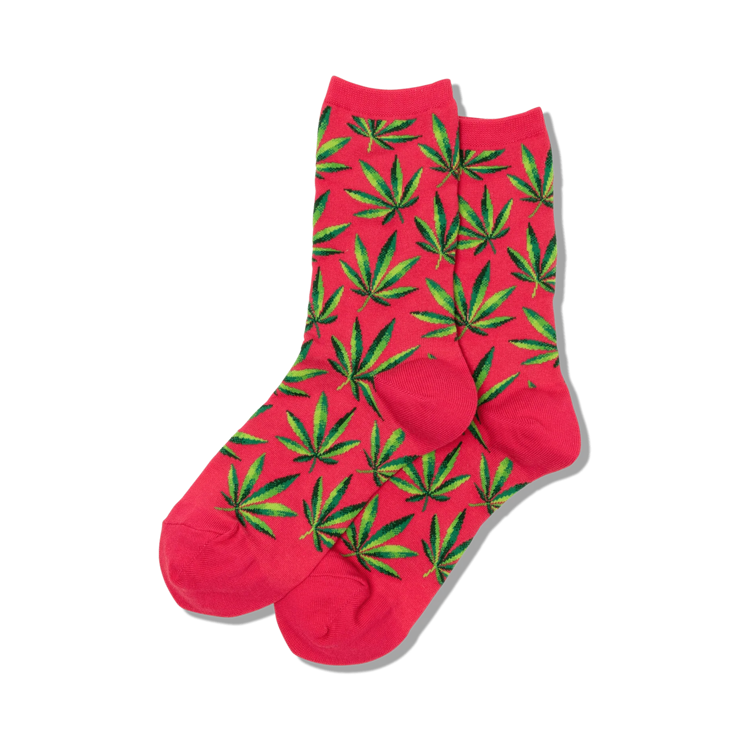 Pair of women's crew socks in pink and green, featuring a repeating marijuana leaf pattern.