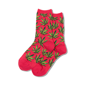 pink crew socks with a pattern of green marijuana leaves perfect for women who love cannabis. 