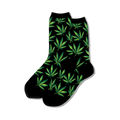 Close-up view of black crew socks with green marijuana leaf pattern.
