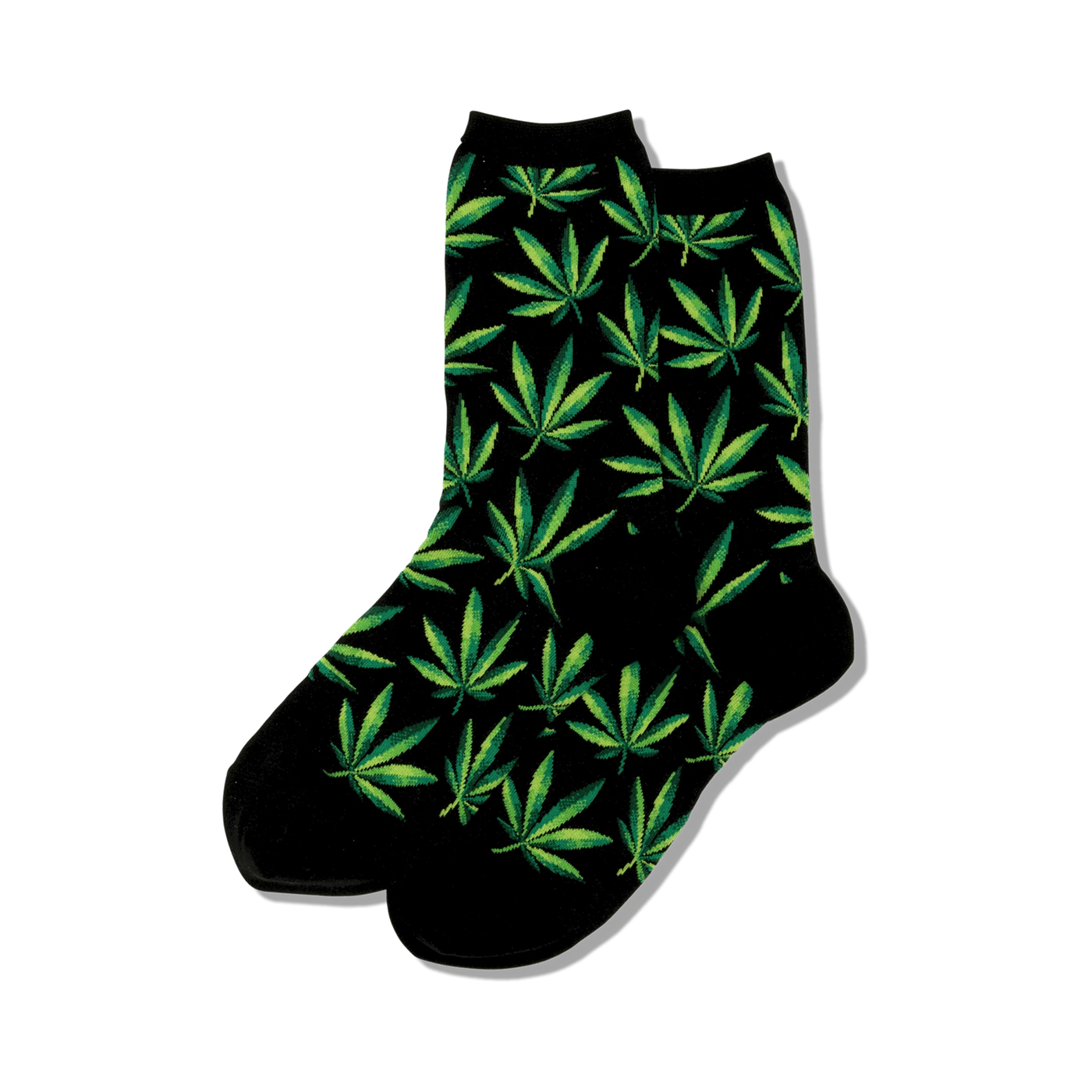 Close-up view of black crew socks with green marijuana leaf pattern.