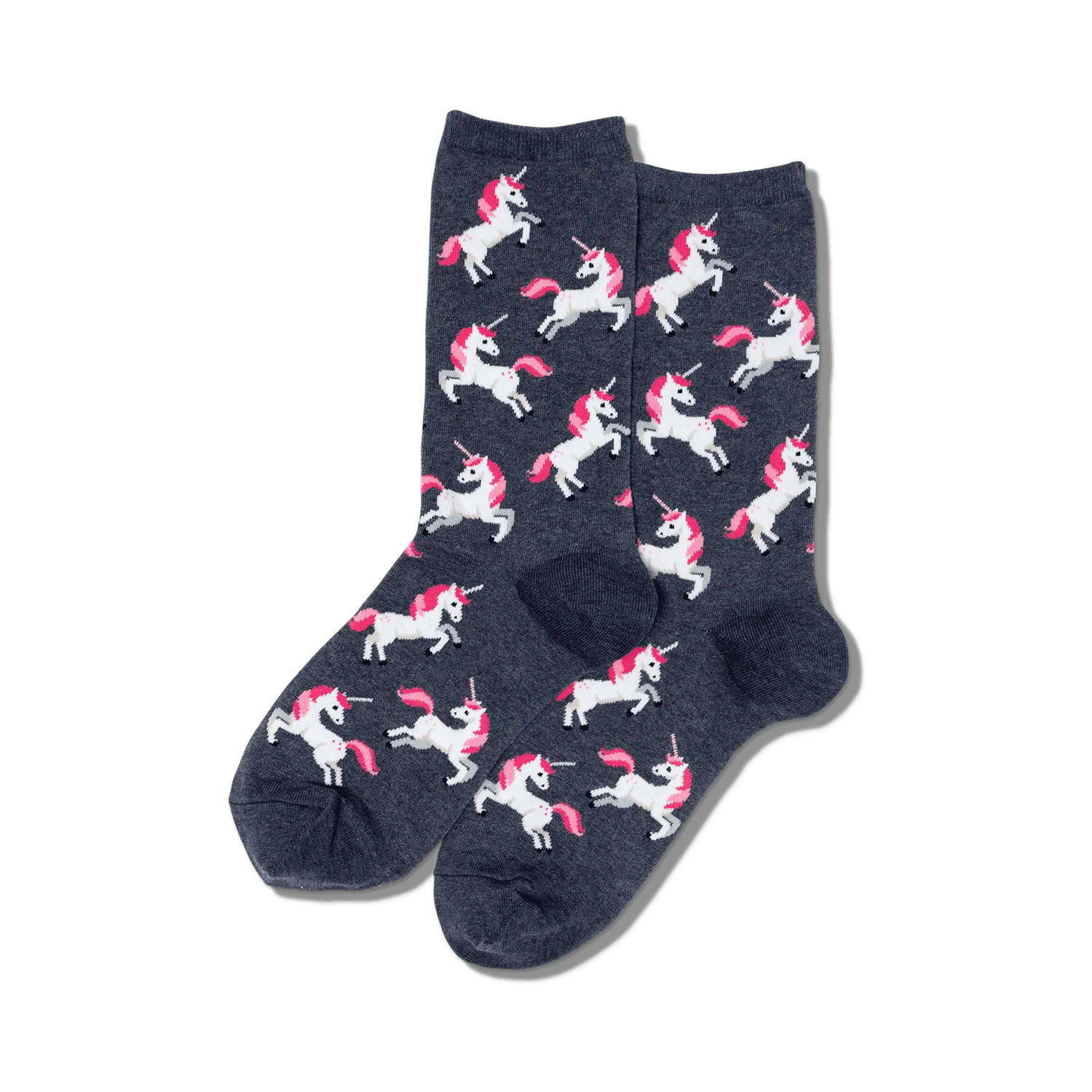 Pair of dark grey crew socks with a repeating pattern of pink and white unicorns.