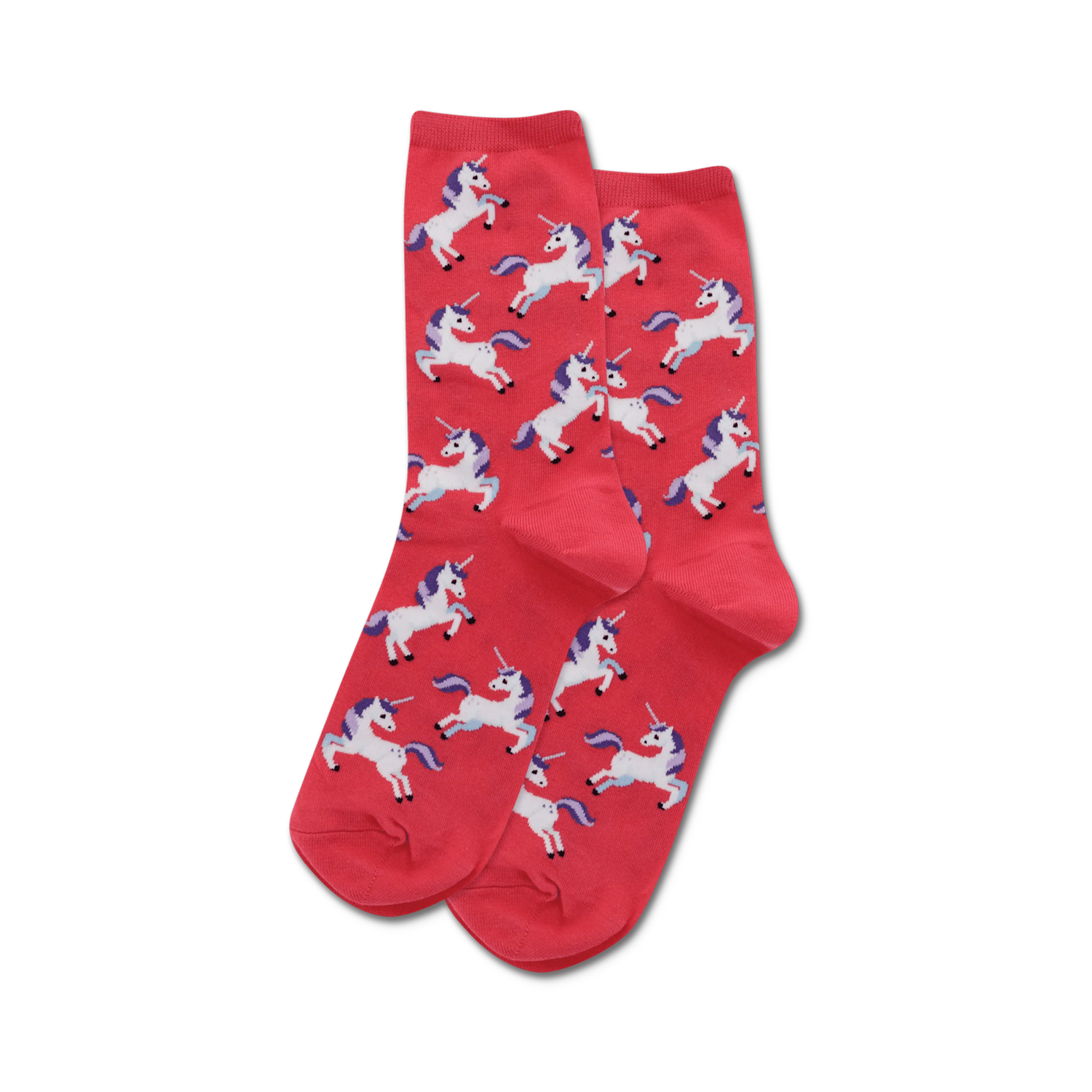 Close-up of coral crew socks with a pattern of white unicorns with purple manes and horns.