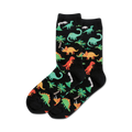 Pair of black crew socks with a fun pattern of colorful dinosaurs, palm trees, and volcanoes.