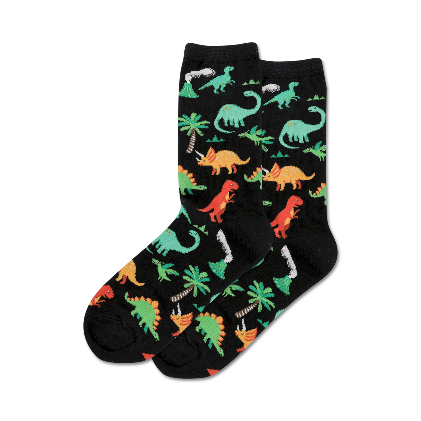 Pair of black crew socks with a fun pattern of colorful dinosaurs, palm trees, and volcanoes.