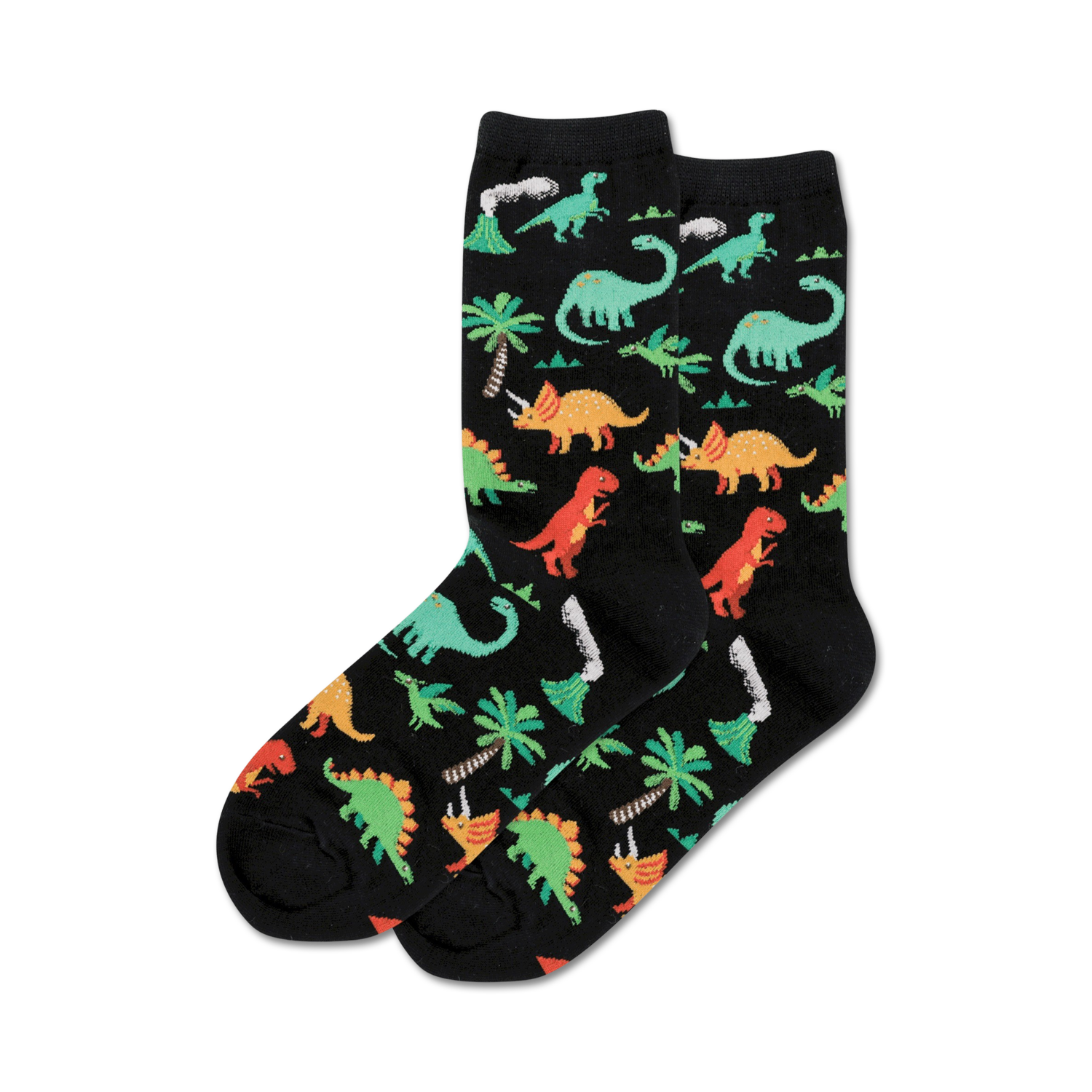 Pair of black crew socks with a fun pattern of colorful dinosaurs, palm trees, and volcanoes.