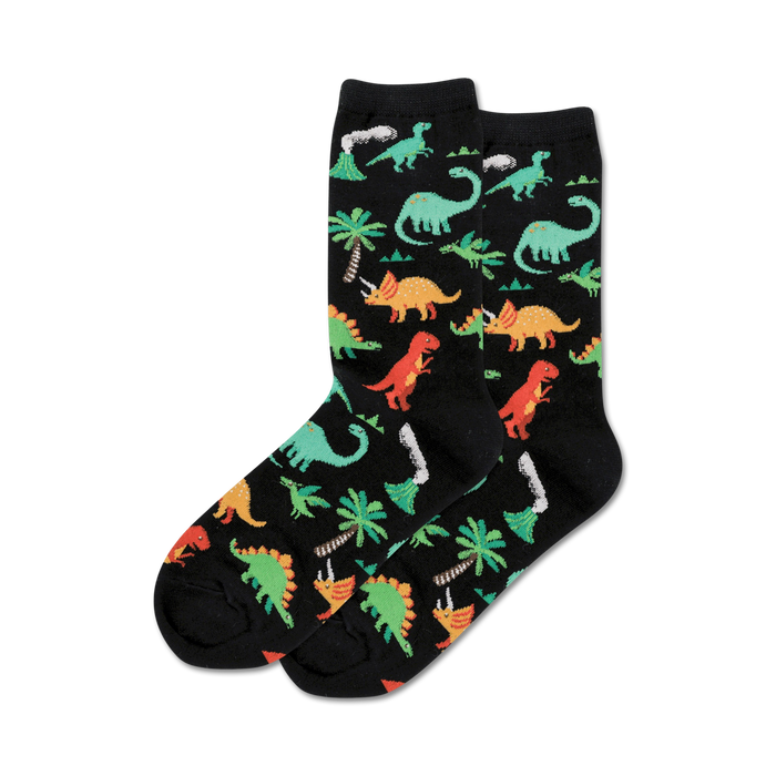 colorful dinosaur pattern on black women's crew socks featuring triceratops, t-rexes, and palm trees.  