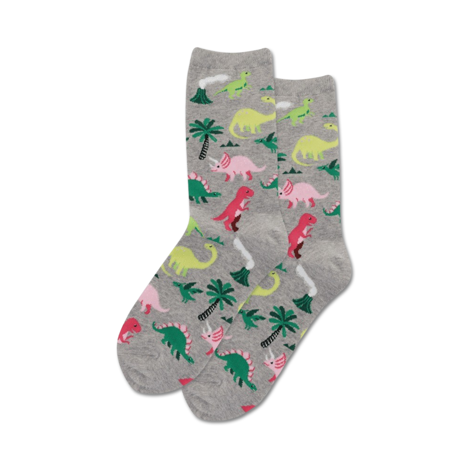 A pair of gray crew socks with a similar dinosaur design, but with pink, green and light gray dinosaurs.