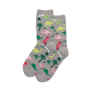 womens crew socks with a colorful dinosaur, palm tree, and volcano pattern   