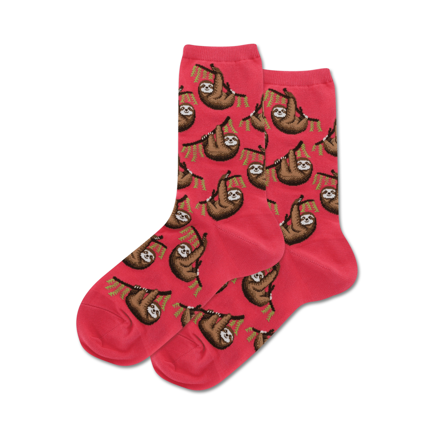 Pair of pink crew socks featuring a repeating pattern of brown sloths hanging from green branches.
