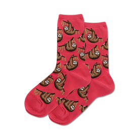 pink crew socks with a sloth pattern. keywords: women's sloth socks, crew length, pink color, sloth design.  