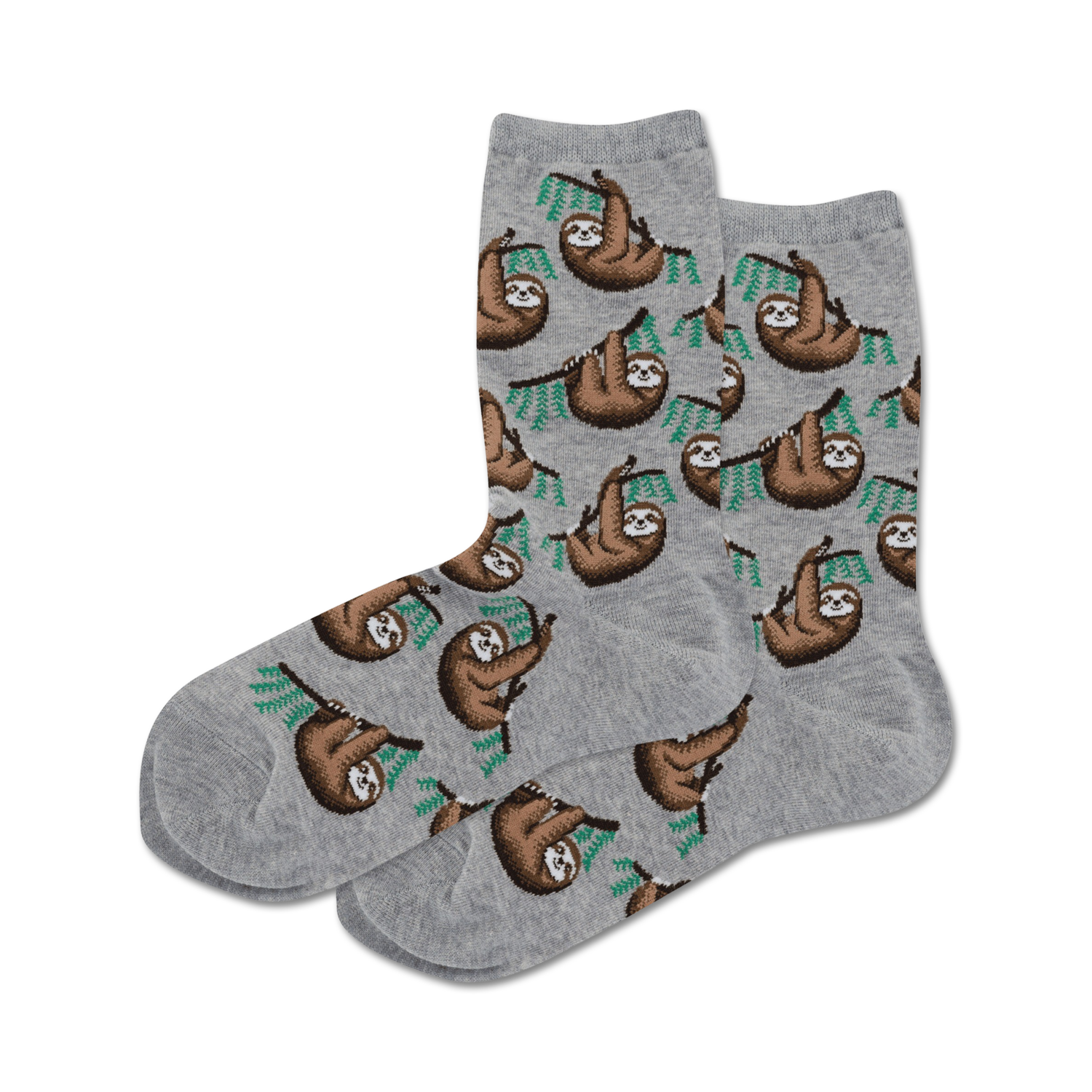 Lifestyle shot showing a pair of gray crew socks with a sloth pattern on a neutral background.