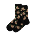 Close-up view of a pair of black crew socks with a sloth pattern, highlighting the detailed design.