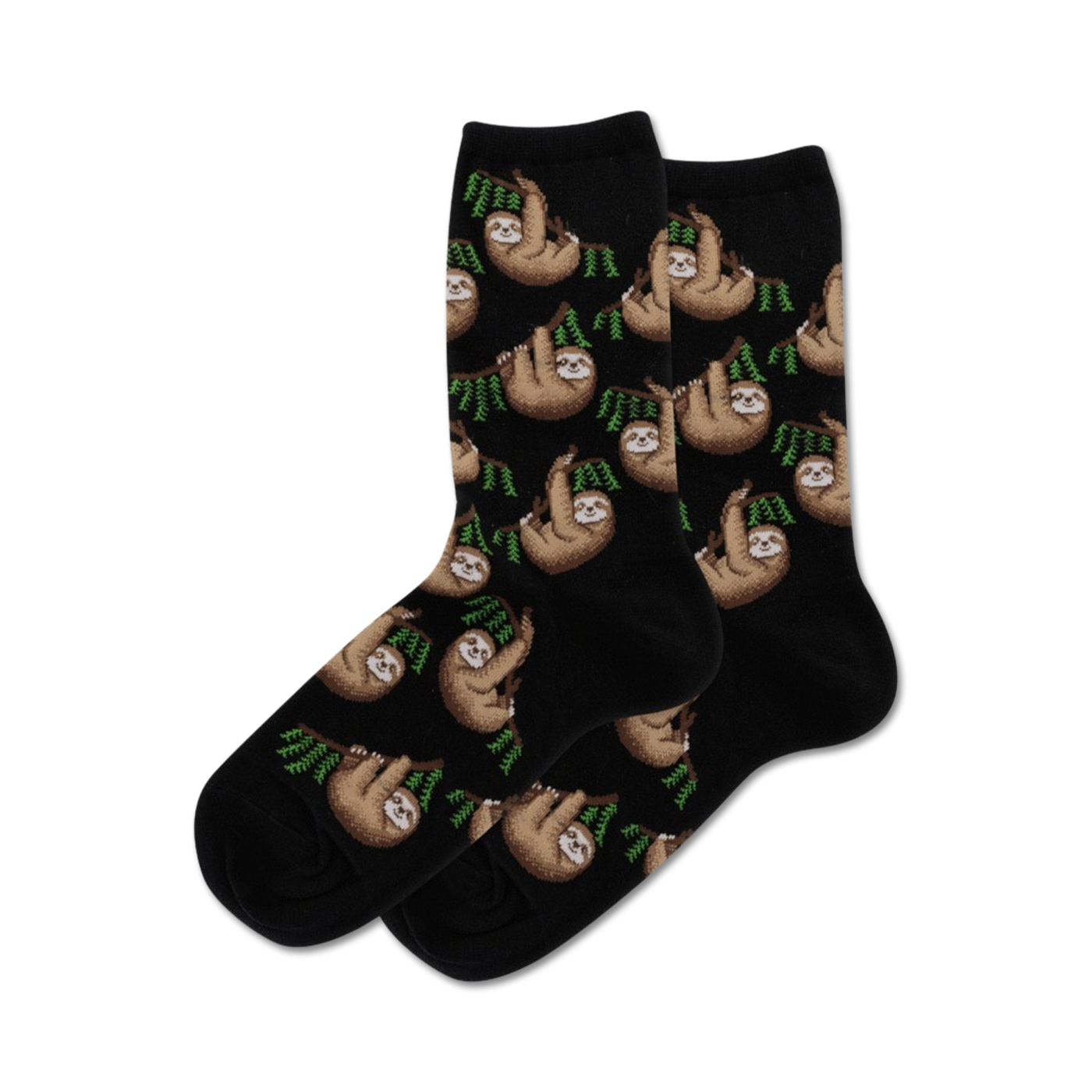 Close-up view of a pair of black crew socks with a sloth pattern, highlighting the detailed design.