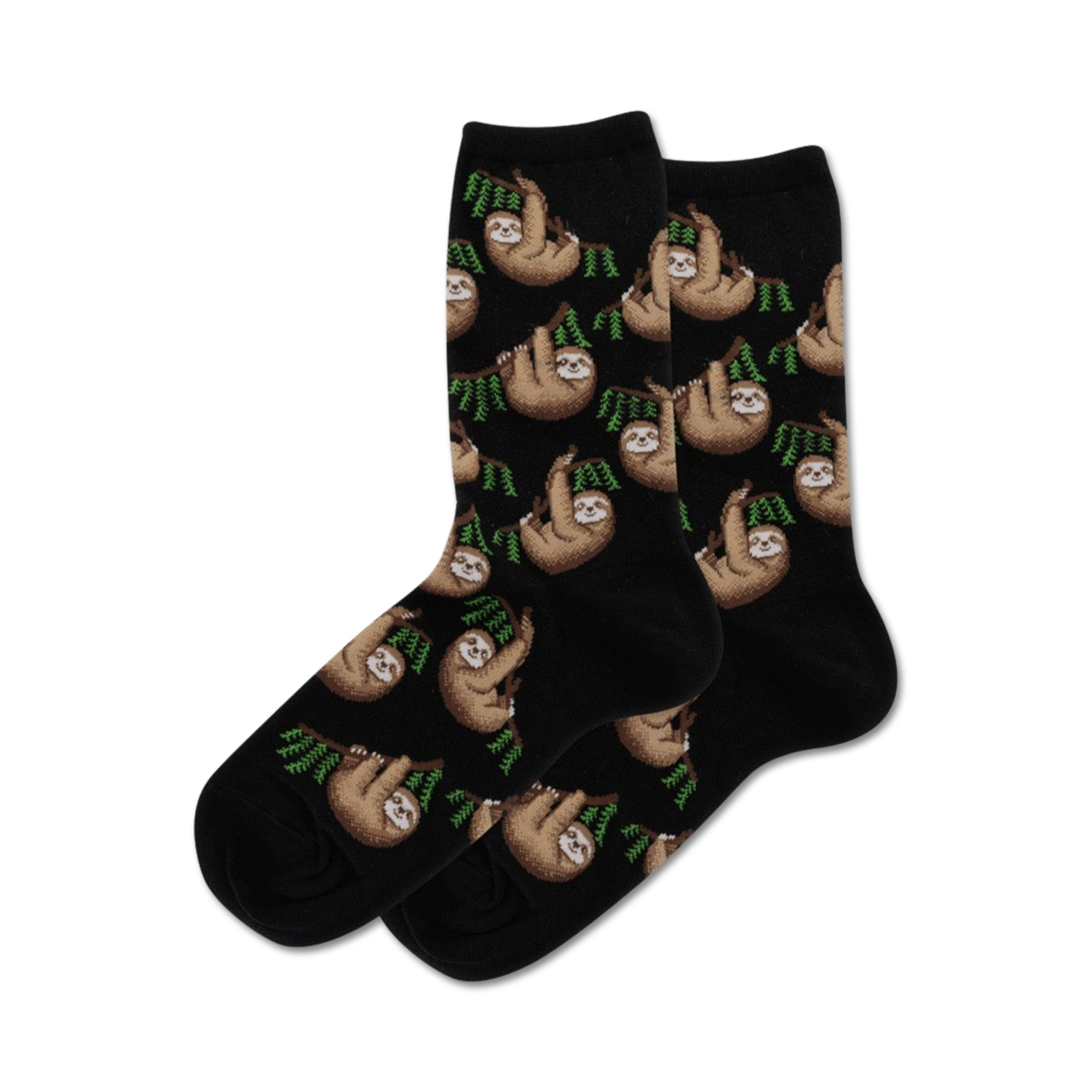 Close-up view of a pair of black crew socks with a sloth pattern, highlighting the detailed design.