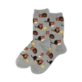 Pair of crew socks, grey and brown, featuring a repeating pattern of cute cats playing with yarn.