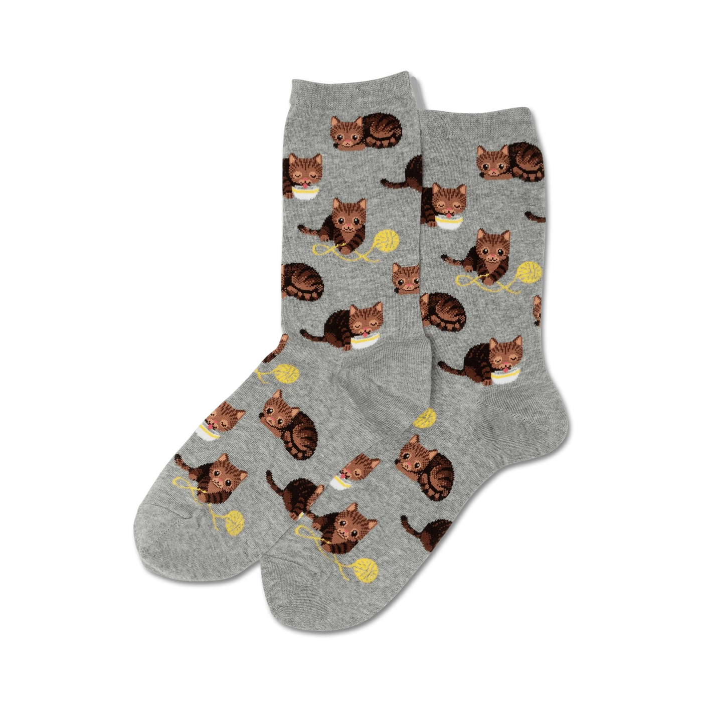 Pair of crew socks, grey and brown, featuring a repeating pattern of cute cats playing with yarn.