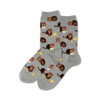 Pair of crew socks, grey and brown, featuring a repeating pattern of cute cats playing with yarn.