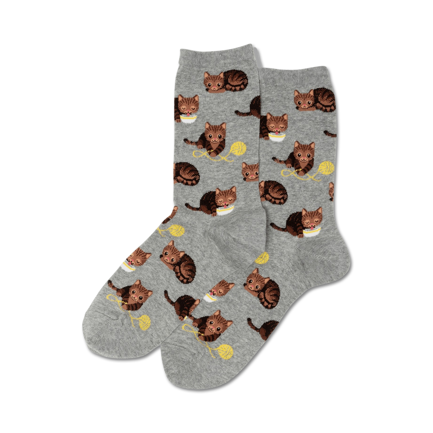 Pair of crew socks, grey and brown, featuring a repeating pattern of cute cats playing with yarn.